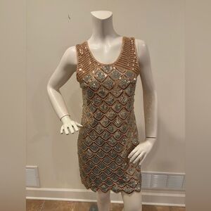 Pronto USA Sequin Mermaid Art Deco Scallop Dress, rose gold and blue, OS